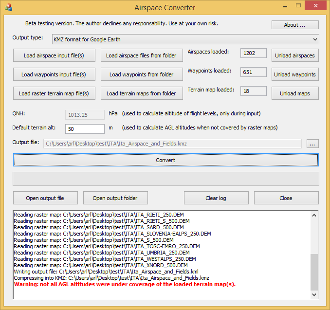 A screenshot of the Windows MFC interface of AirspaceConverter